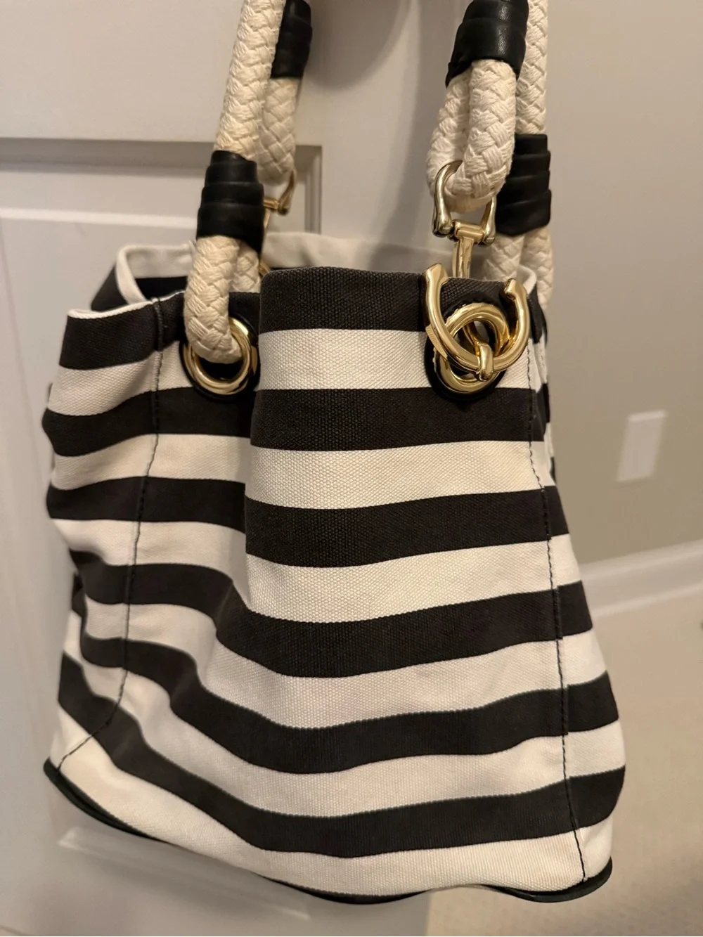 Michael Kors Black & White Striped Rope-Handle Tote